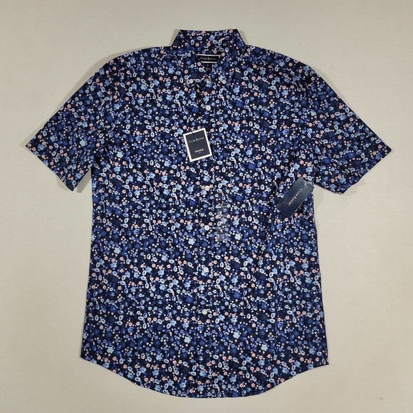 Club Room Short Sleeve Floral-Print Shirt Mens Small‎ Navy Blue - Picture 2 of 4